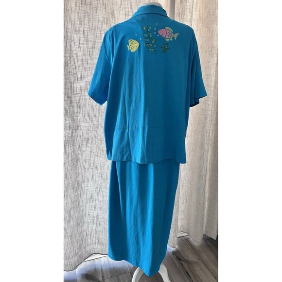 Davina Women's Artsy Size 1X blue maxi dress & jacket embroidered fish casual - Picture 2 of 15